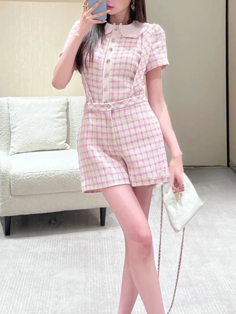 Spliced Plaid Two Piece Sets for Women Peter Pan Collar Short Sleeves Patchwork Button Top Strap Shorts Set Female