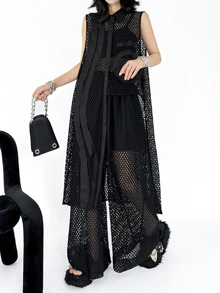 Big Size Black Grid Vest Wide Leg Pants Two Piece Suit New Lapel Sleeveless Women Fashion Tide Spring Autumn 2025 1DJ1417