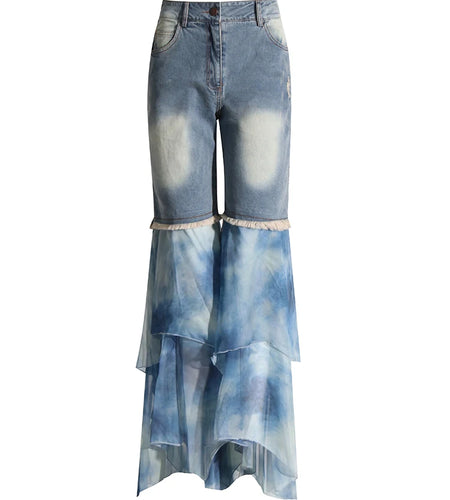 Folds Jeans For Women High Waist Patchwork Pocket Casual Loose Wide Leg Pants Female Fashion Style Clothing