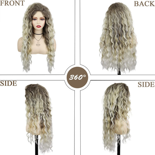 Load image into Gallery viewer, Synthetic Womens Wig Long Curly Hair Ash Blonde Wig Female Natural Wavy Dark Root Regular Wig 80s Brown Ombre Wig for Woman Girl
