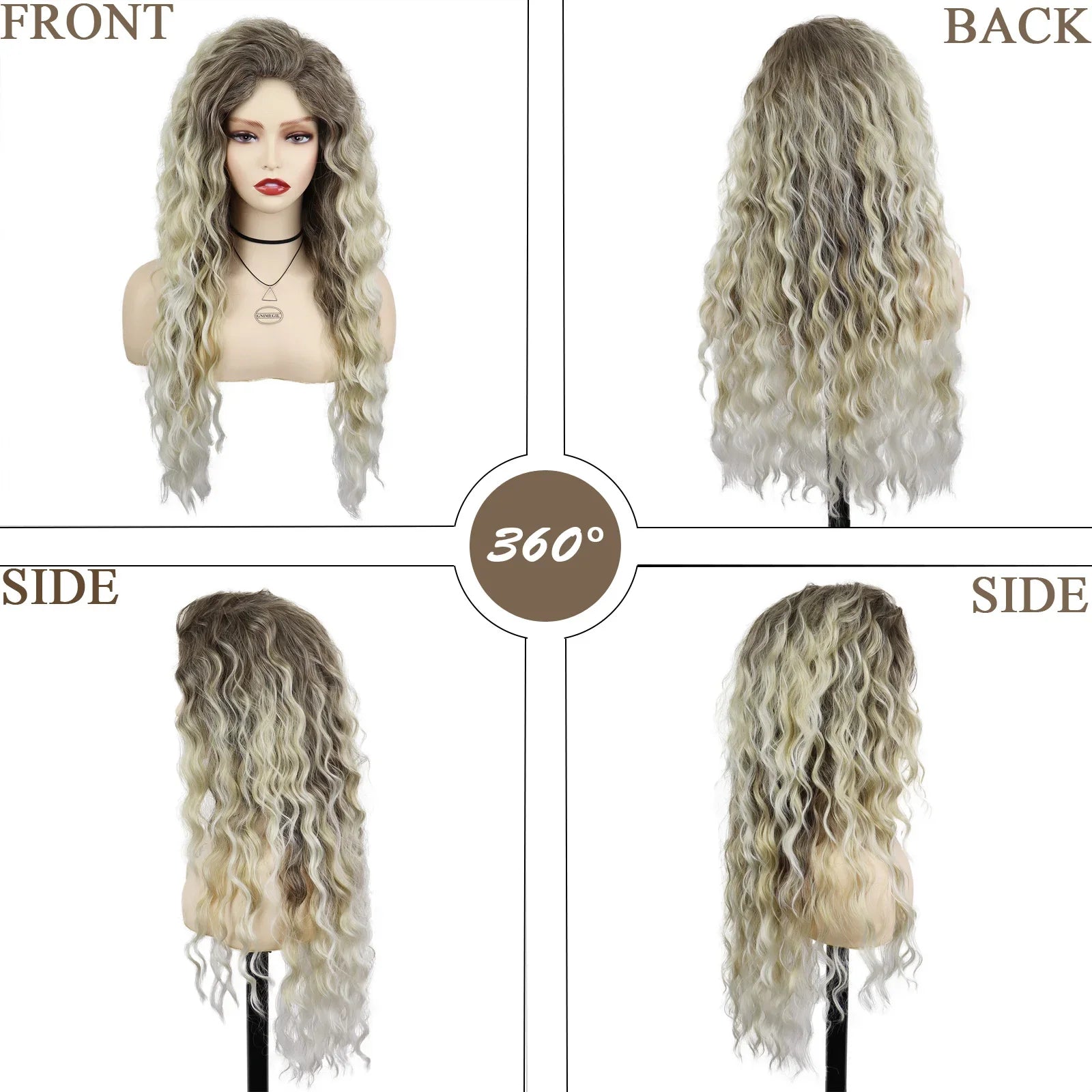 Synthetic Womens Wig Long Curly Hair Ash Blonde Wig Female Natural Wavy Dark Root Regular Wig 80s Brown Ombre Wig for Woman Girl