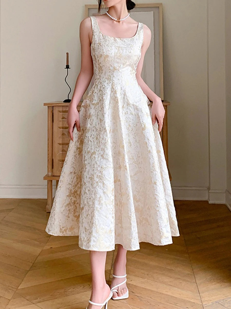 Solid Spliced Slimming Dresses For Women Square Neck Sleeveless High Waist Temperament Dress Female Fashion Style