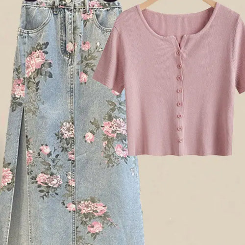 Load image into Gallery viewer, Women Summer Sweet Pink Print Skirts Two Pieces Set Korean Puff Sleeve Bandage Floral Top And Side Split Retro Denim Skirts Sets

