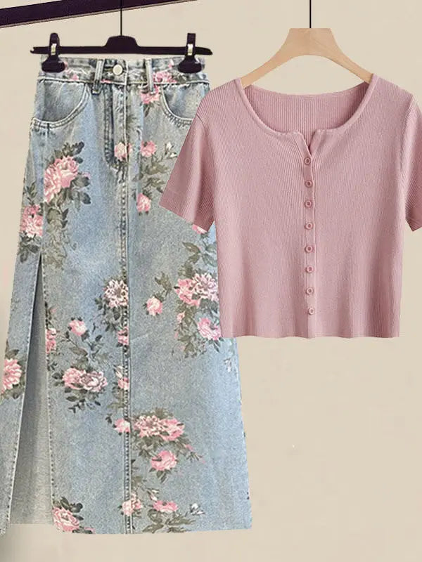 Women Summer Sweet Pink Print Skirts Two Pieces Set Korean Puff Sleeve Bandage Floral Top And Side Split Retro Denim Skirts Sets
