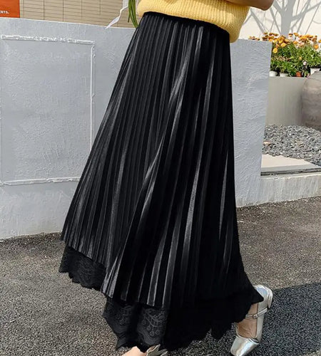 Spring Summer French Vintage Black Beige Lace Slim Long Skirt Women Brown Grey High Waist Elegant Party Pleated Skirt Streetwear