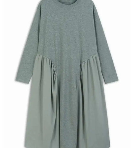 Women Black Side Pleated Spliced Big Size Midi Dress New Round Neck Long Sleeve Fashion Tide Spring Autumn 2025 1DH7010