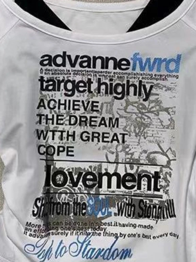 Streetwear Fake Two Pieces Halter Bandage Women T-shirt Harajuku Letter Printing Crop Tops Y2k Aesthetic Bodycon Grunge Tees