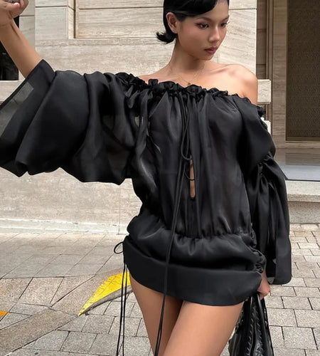 Sexy One Shoulder Backless Lace Up Pleated Dress Women Spring 2025 New Strapless Lantern Long Sleeved Tight Party Dress