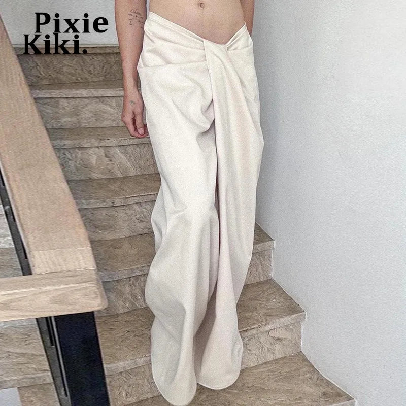 Asymmetrical Twist Low Waisted Baggy Pants Casual Wide Leg Pants White Black Trousers Womens Clothing 2024  P77-CI40