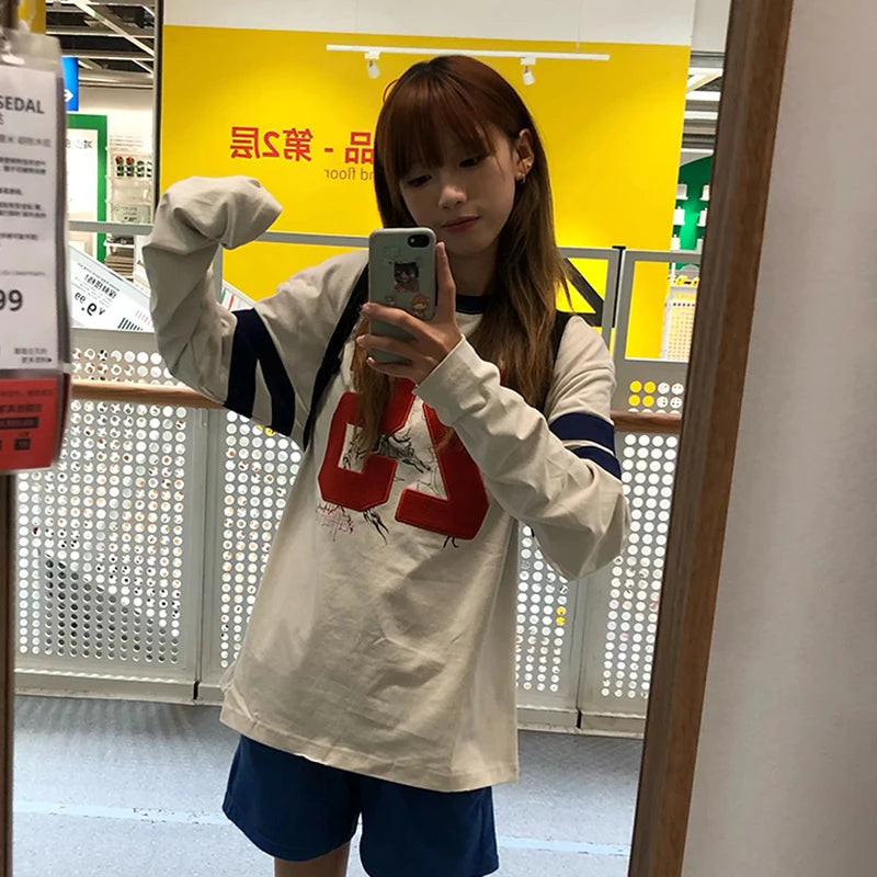 Japanese Y2k Number Print T-shirt 2000s Aesthetics Long Sleeve Jersey Tops Vintage Harajuku Streetwear American Retro