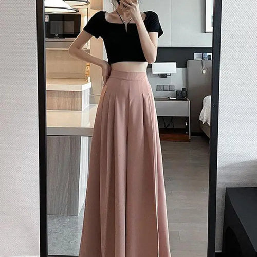Load image into Gallery viewer, Spring Summer New Korean Women Pink Black Holiday Pleated Trousers Brown High Waist Wide Leg Long Pant Casual Streetwear 
