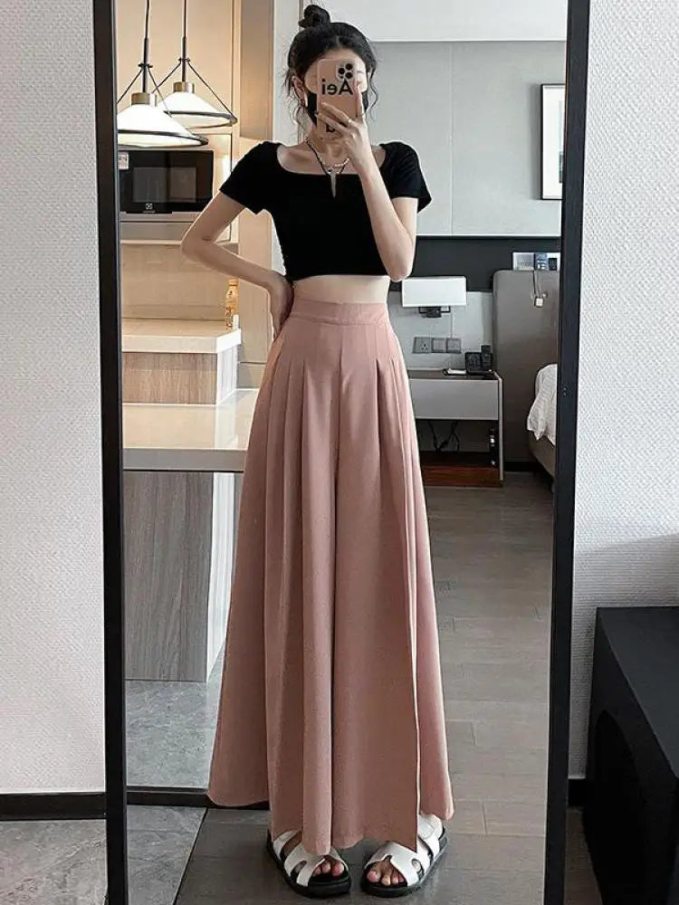 Spring Summer New Korean Women Pink Black Holiday Pleated Trousers Brown High Waist Wide Leg Long Pant Casual Streetwear 