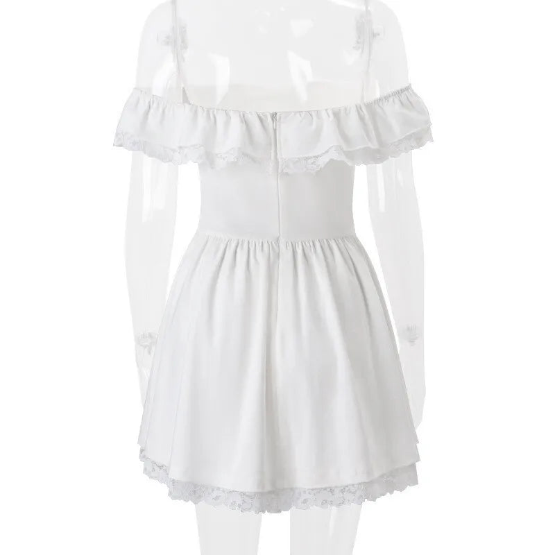 Off-shoulder Backless Sexy Mini Dress Women Robe Fashion White Strapless Sleeveless High Waist Lace Club Dress Female