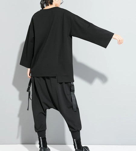 Women Black Asymmetrical Stitch Big Size T-shirt New Round Neck Long Sleeve  Fashion Tide  Spring Autumn 2025 1S190