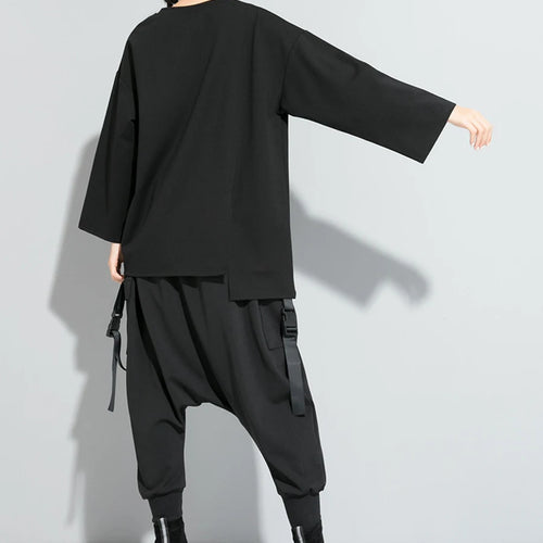 Load image into Gallery viewer, Women Black Asymmetrical Stitch Big Size T-shirt New Round Neck Long Sleeve  Fashion Tide  Spring Autumn 2025 1S190
