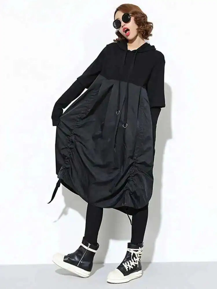 Women Black Drawstring Hollow Out Big Size Irregular Dress New Hooded Long Sleeve Fashion Tide Spring Autumn 2025 JD076