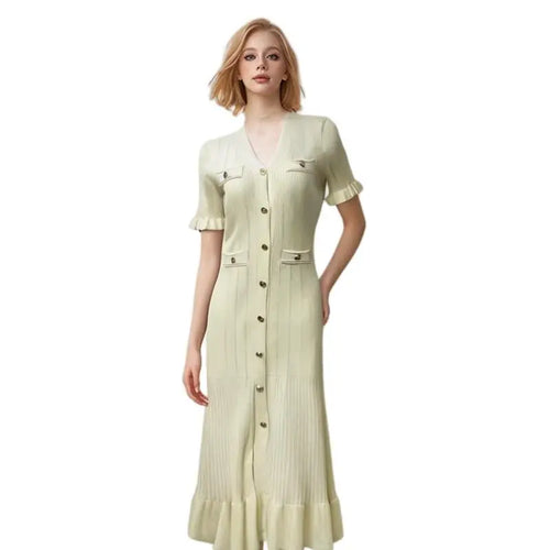 Load image into Gallery viewer, Women Solid V Neck Ruffles Edge Knitted Single Breasted Dress Fashion Spring Summer Short Sleeves Festival Long Dress Simplicity

