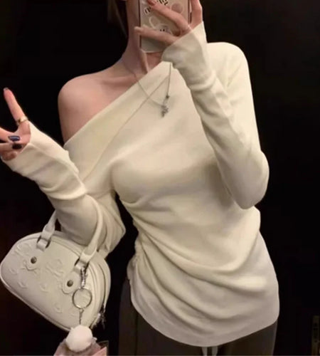 y2k Crop Top Clothing Women Solid Color Slant Neck Off Shoulder Long Sleeve Ruched T Shirt 2000s Clothes Streetwear