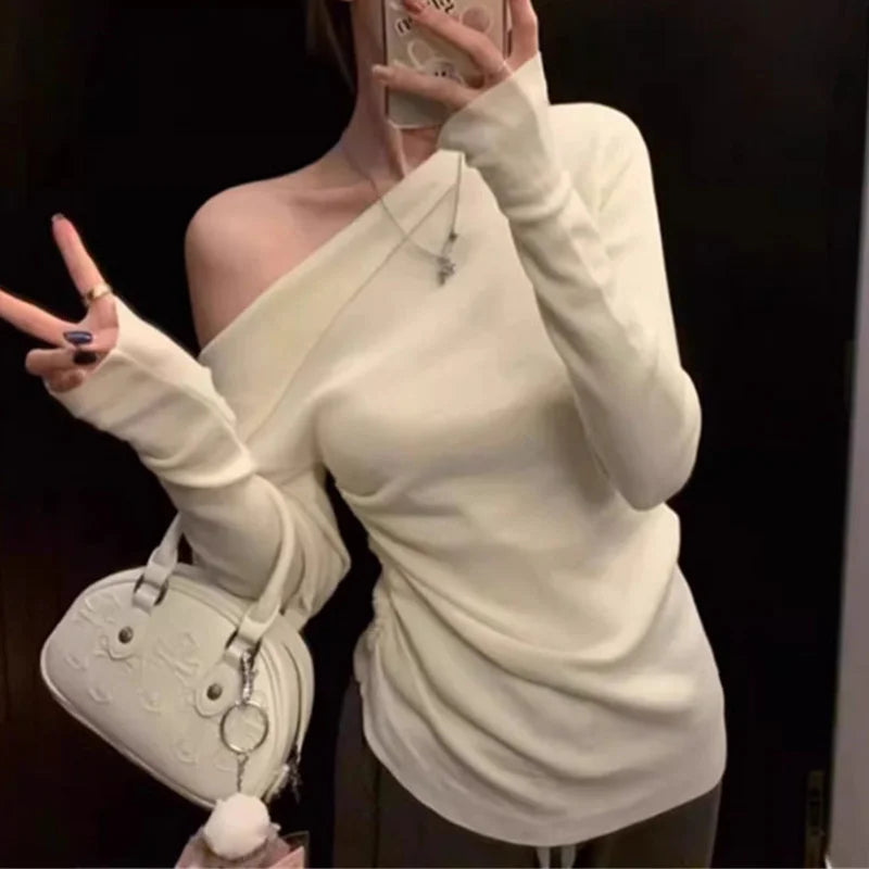 y2k Crop Top Clothing Women Solid Color Slant Neck Off Shoulder Long Sleeve Ruched T Shirt 2000s Clothes Streetwear