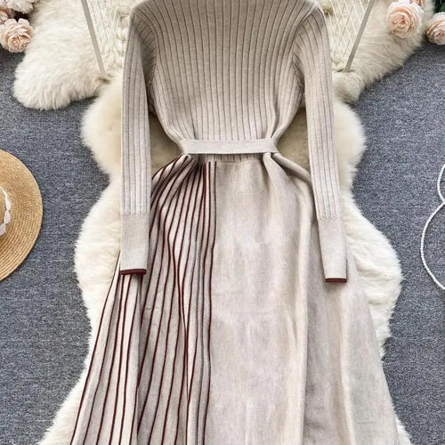 Load image into Gallery viewer, Autumn Fashion New Knitted Straight Patchwork Party Long Dress Korean Women's Half High Neck Elegant Casual Sweater Warm Dresses

