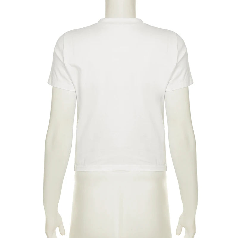 Cusual Lips Printed Cropped T-shirts Women's White Skinny Short Sleeves Summer Top Shirts Round Neck Clothes 2025 New
