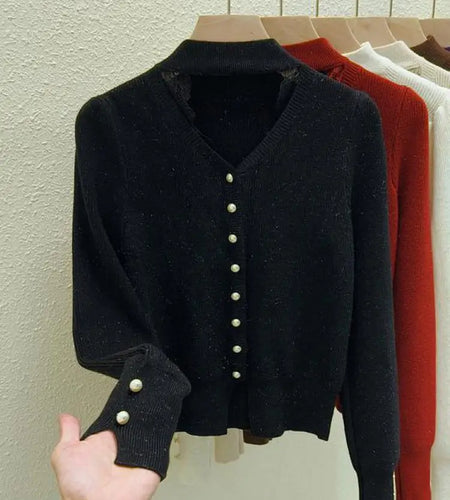 Autumn Winter Solid Lace Hollow Out Single Breasted Velvet Sweater Korean Fashion Women Warm Knitwear Long Sleeve Pullovers Tops