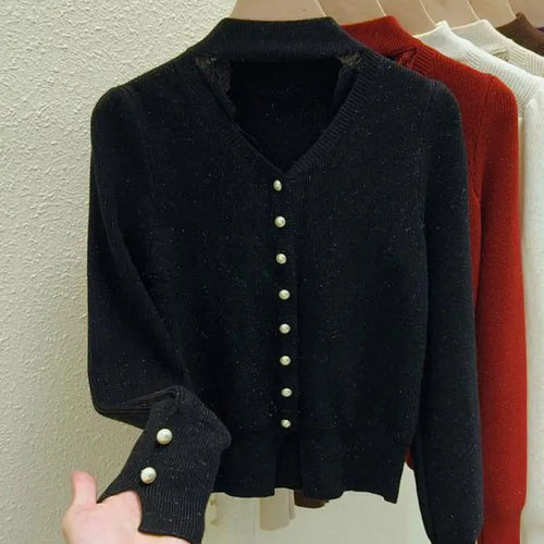 Load image into Gallery viewer, Autumn Winter Solid Lace Hollow Out Single Breasted Velvet Sweater Korean Fashion Women Warm Knitwear Long Sleeve Pullovers Tops
