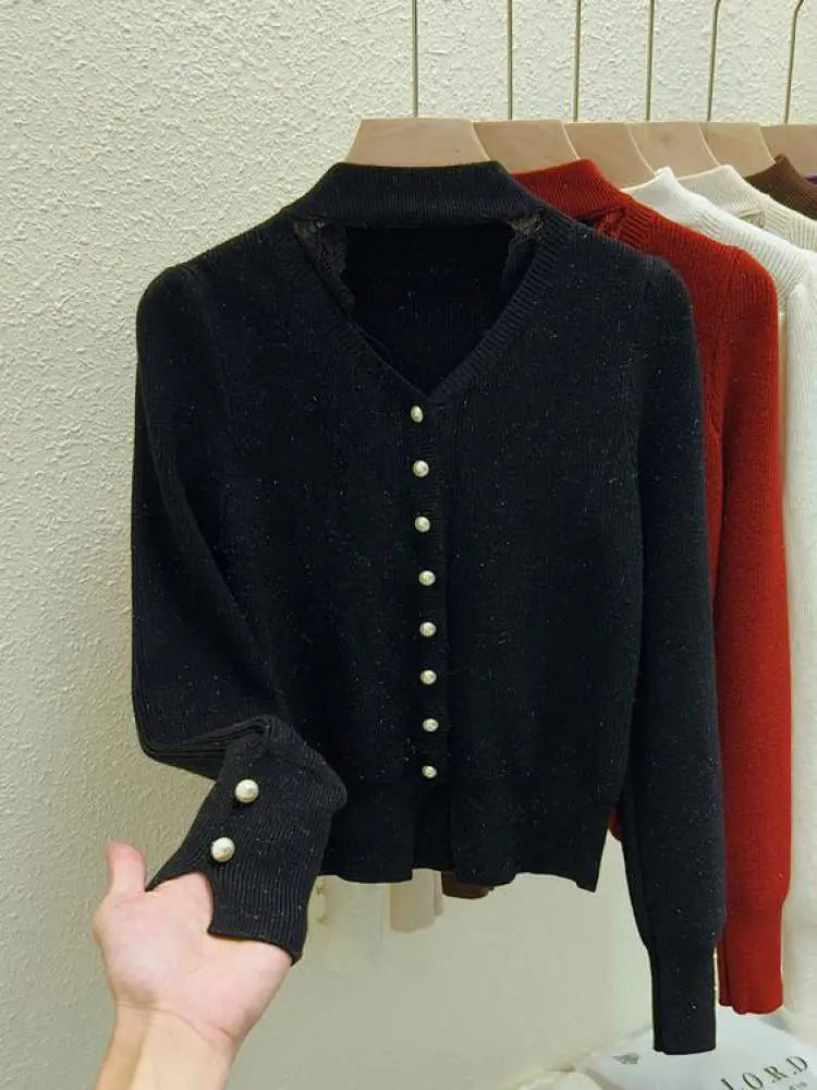 Autumn Winter Solid Lace Hollow Out Single Breasted Velvet Sweater Korean Fashion Women Warm Knitwear Long Sleeve Pullovers Tops