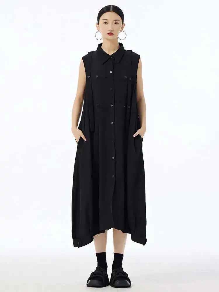 Women Army Green Button Big Size Midi Casual Shirt Dress New Lapel Sleeveless Fashion Tide Spring Summer 2025  1DH6614