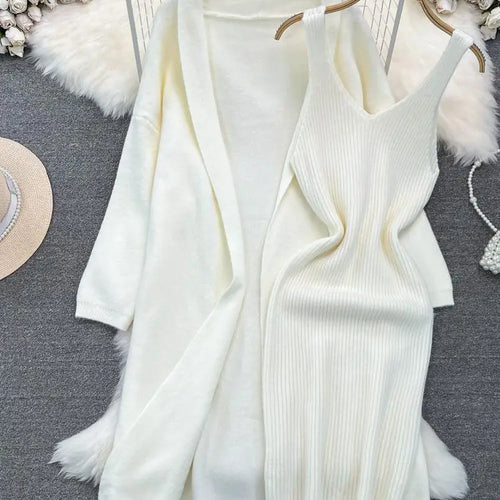 Load image into Gallery viewer, Autumn Thick Warm Solid Knitted Suit 2023 Stripe V Neck Vest Dress+ Loose Long Cardigans Sweater Home Wear Casual Two Pieces Set
