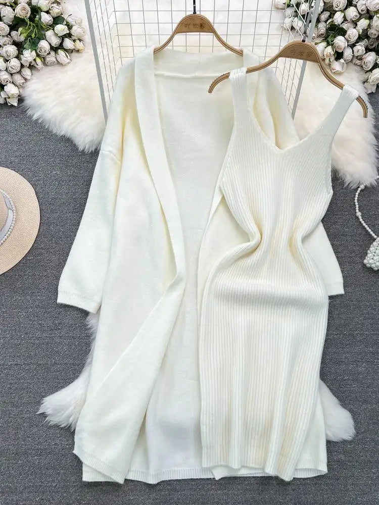 Autumn Thick Warm Solid Knitted Suit 2023 Stripe V Neck Vest Dress+ Loose Long Cardigans Sweater Home Wear Casual Two Pieces Set