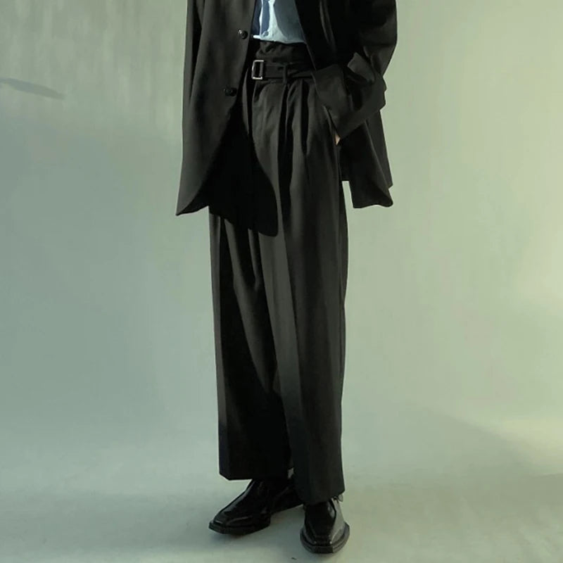 Simple Men's Suit Pants Pleated Belt Solid Color Droop High Waist Trousers Straight Wide Leg Loose Male Bottom New 9C9238