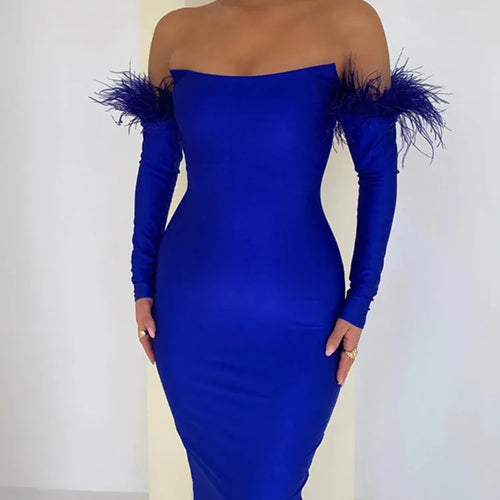 Load image into Gallery viewer, Elegant Off-shoulder Feather Sleeve Maxi Dress Women 2022 New Strapless Backless Bodycon Long Dress Vestido
