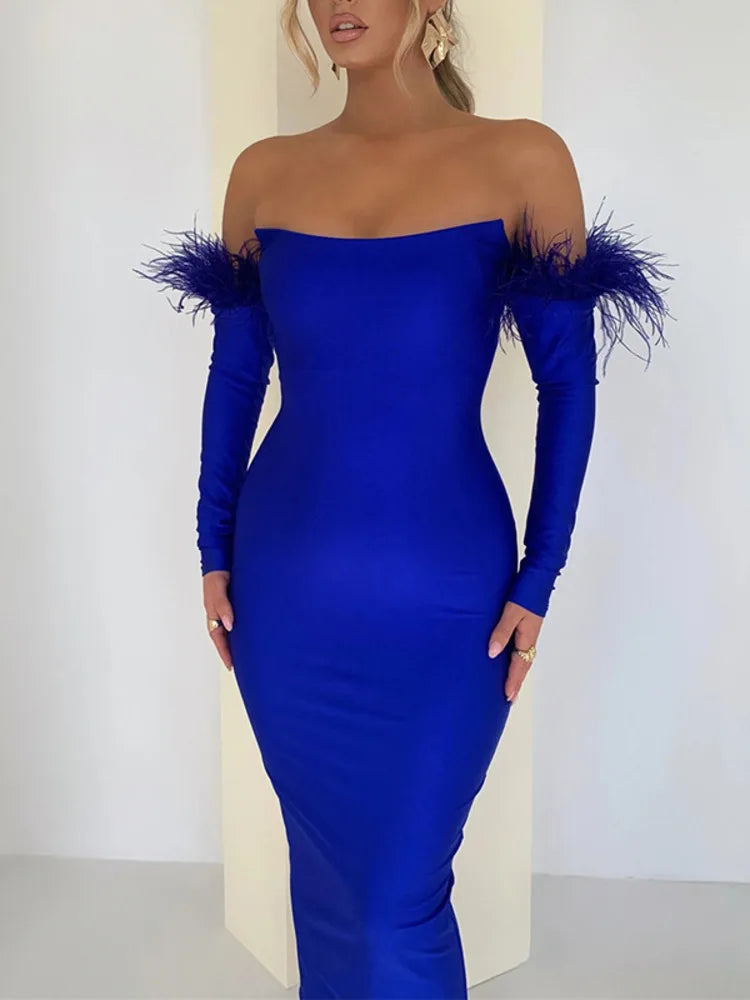 Elegant Off-shoulder Feather Sleeve Maxi Dress Women 2022 New Strapless Backless Bodycon Long Dress Vestido
