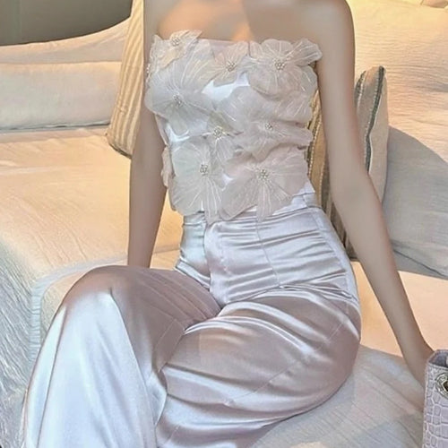 Load image into Gallery viewer, Elegant Two Piece Sets for Women Strapless Sleeveless Spliced 3D Flower Vest High Waist Wide Leg Pant Set Female
