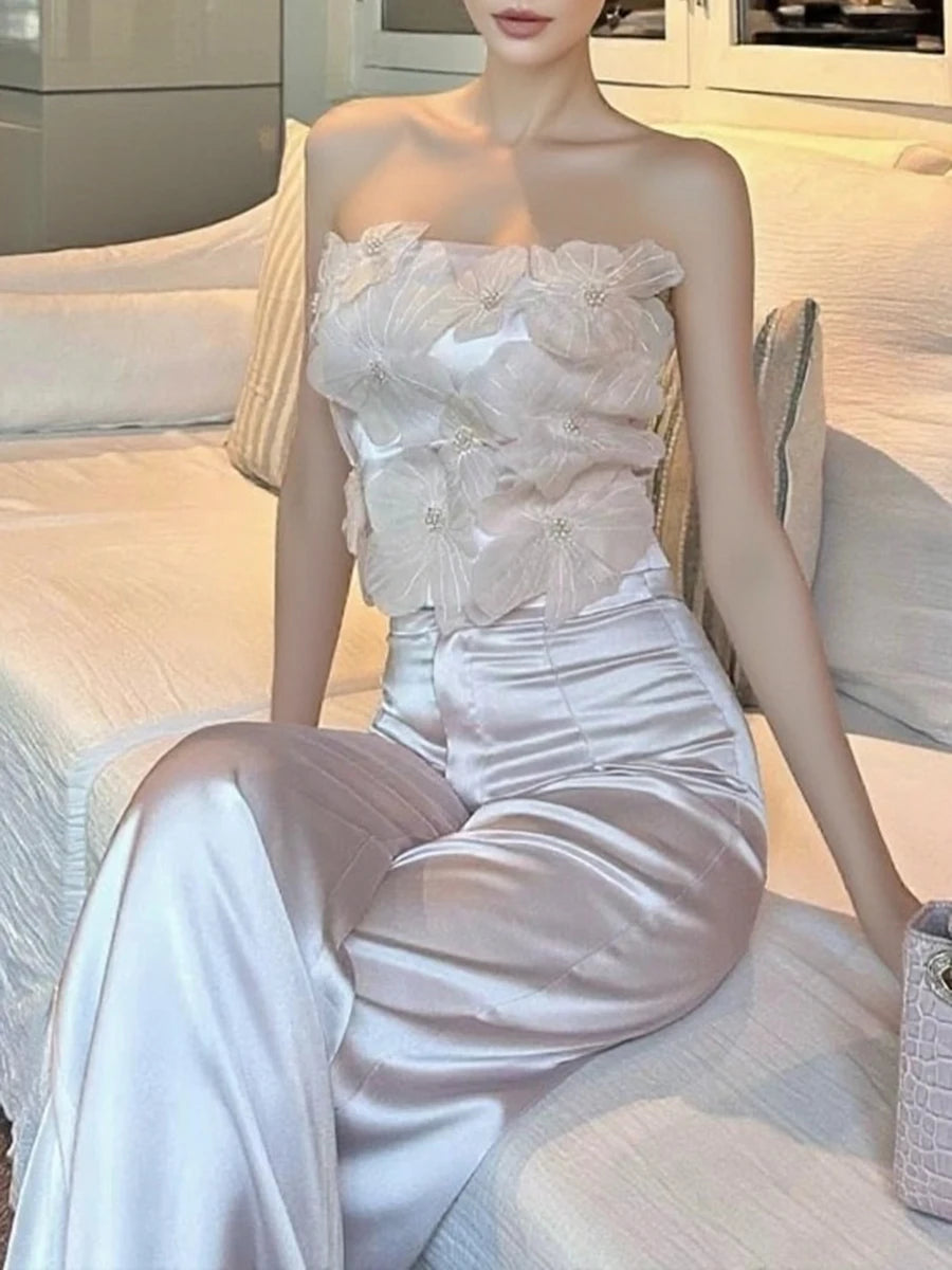 Elegant Two Piece Sets for Women Strapless Sleeveless Spliced 3D Flower Vest High Waist Wide Leg Pant Set Female
