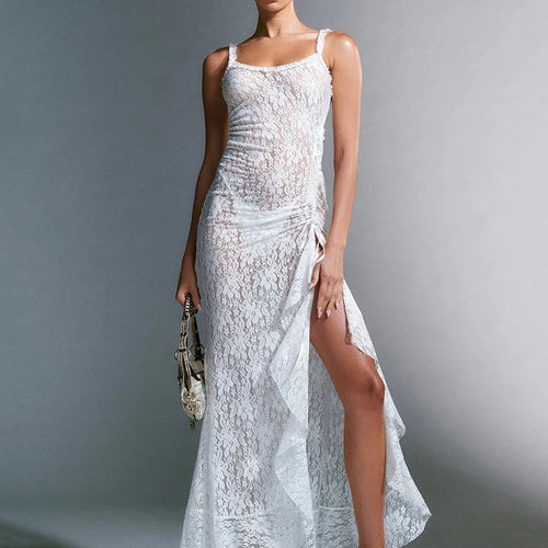 Load image into Gallery viewer, Sexy Lace Print High Split Women's Dress Slim Fit Open Back Transparent Lace up Female Midi Dress Party Club Vestidos
