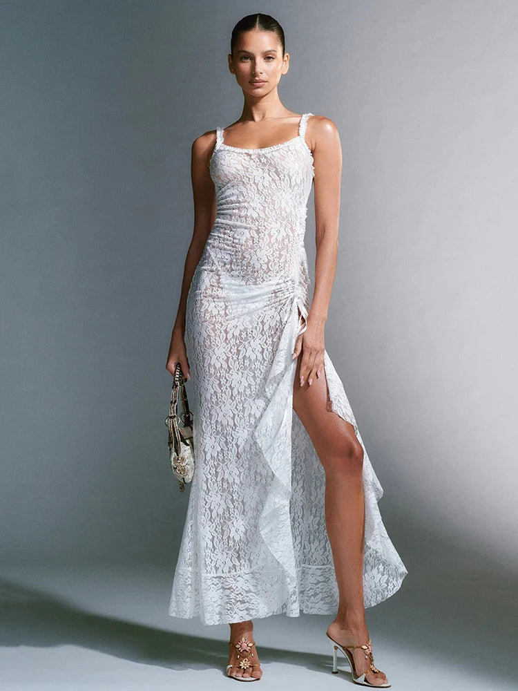 Sexy Lace Print High Split Women's Dress Slim Fit Open Back Transparent Lace up Female Midi Dress Party Club Vestidos