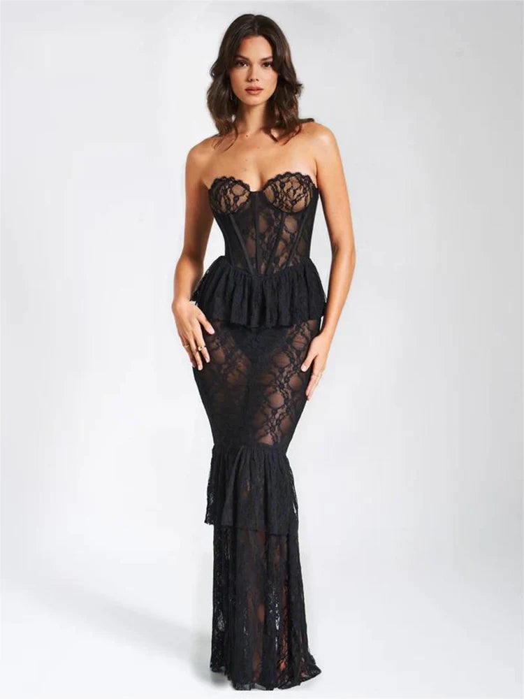 Sexy Lace Sleeveless Slim Fit Dress Women's Open Back Skinny Ruffle Edge Pleated Perspective Dress Party Evening Dress