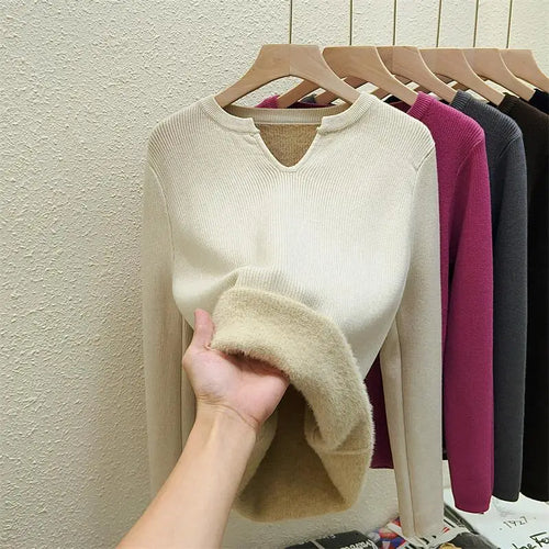 Load image into Gallery viewer, Autumn Winter Korean Fashion Solid V Neck Velvet Knit Crochet Sweater Women Warm Long Sleeve Pullovers Tops Casual Popular Trend
