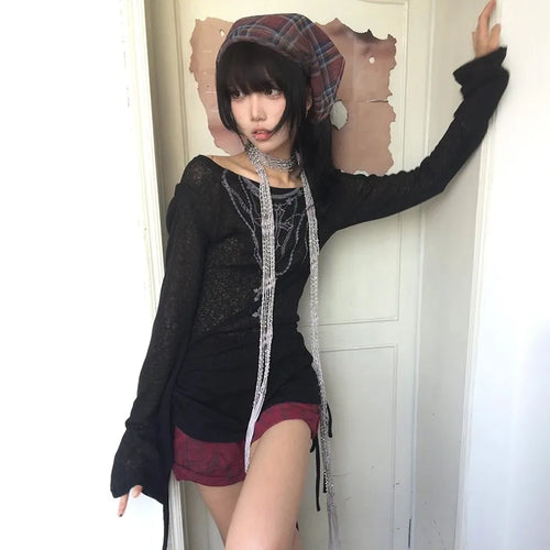 Load image into Gallery viewer, Japanese Y2k Knitted Tops Grunge Tattoo Print Long Sleeve T-shirt Ribbed Vintage Harajuku Shirring Knitwear 2000s Gothic
