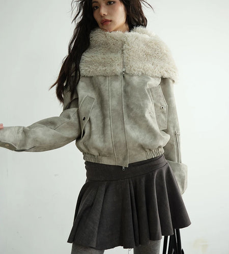 Apricot Thick Big Size Short PU Leather Jacket New Fur Hooded Long Sleeve Women Coat Fashion Autumn Winter 2025 1DH8270