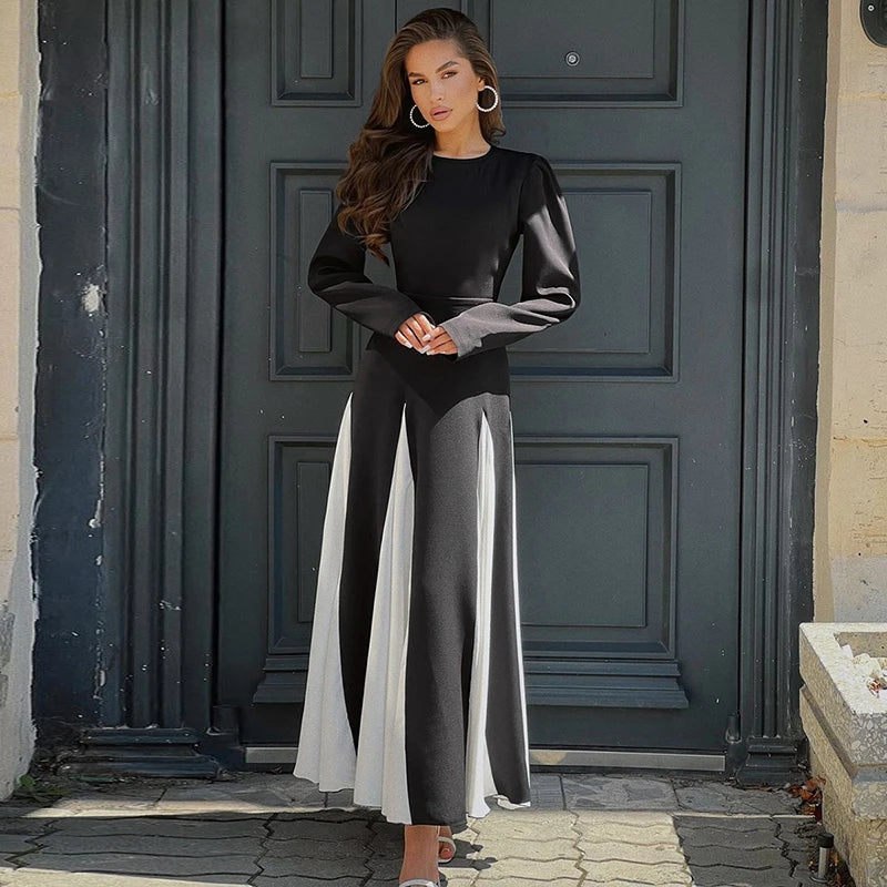 Patchwork Long Sleeve Maxi Dress For Women Autumn Winter New O Neck Color Contrast Lace-up Elegant Long Dress Fashion