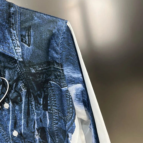 Load image into Gallery viewer, Hit Color Printing Denim Shirt For Women Lapel Long Sleeve Spliced Single Breasted Casual Blouse Female Fashion
