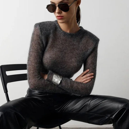 Load image into Gallery viewer, Solid Round Neck Thin Knitted Sweater For Women Fashion Commuting Long Sleeve Pullover 2025 Autumn New Female High Street Jumper
