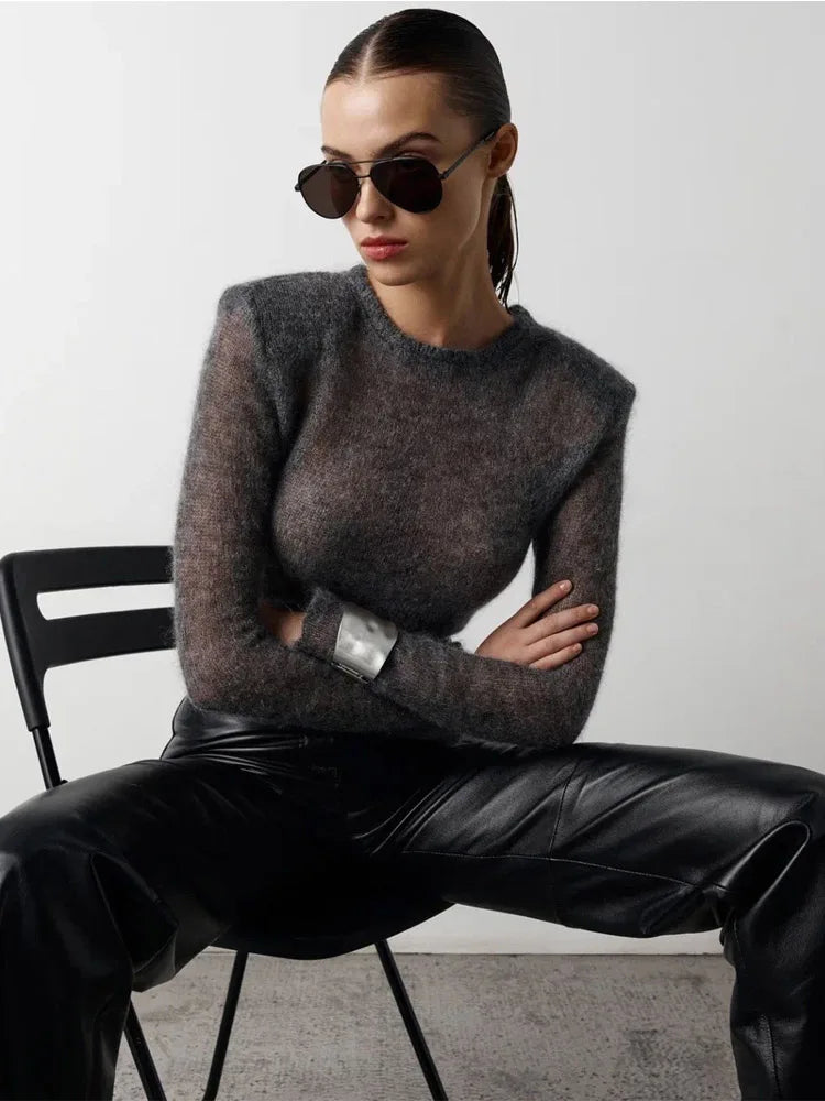 Solid Round Neck Thin Knitted Sweater For Women Fashion Commuting Long Sleeve Pullover 2025 Autumn New Female High Street Jumper