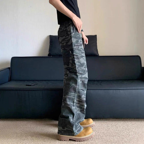 Load image into Gallery viewer, High Style Men&#39;s Denim Pants Pleated Camouflage Cargo Slant Pocket Jeans Loose Straight Wide Leg Male Trousers Tide 9C8607
