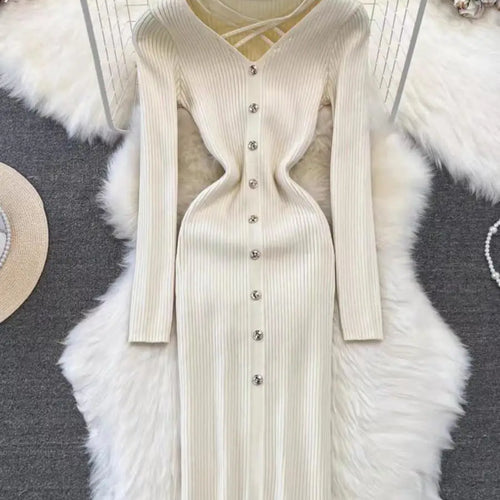 Load image into Gallery viewer, Black Single Breasted Dresses Ladies 2023 Autumm Winter Korean Style Beige Sweater Knitted Office Lady Elegant Red Dress Fashion
