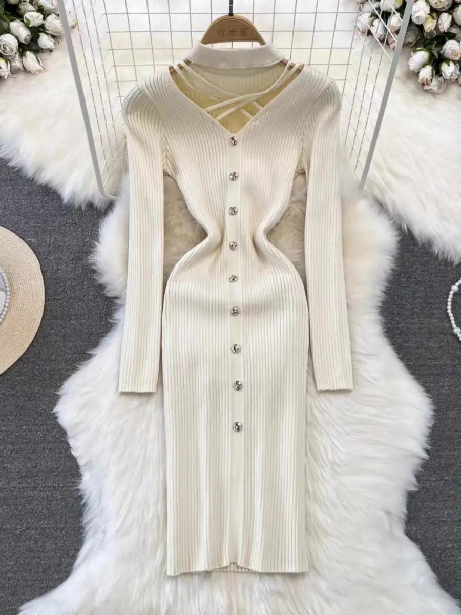 Black Single Breasted Dresses Ladies 2023 Autumm Winter Korean Style Beige Sweater Knitted Office Lady Elegant Red Dress Fashion