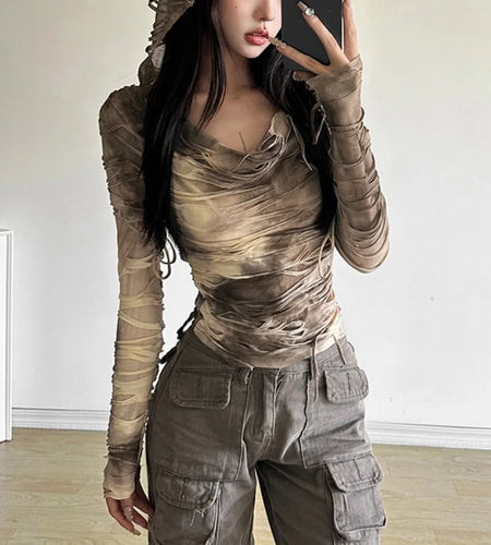 Wasteland Tops Women y2k Clothing Tie Dye Print Ripped Long Sleeve Hooded T Shirt 2000s Cybercore Clothes Streetwear